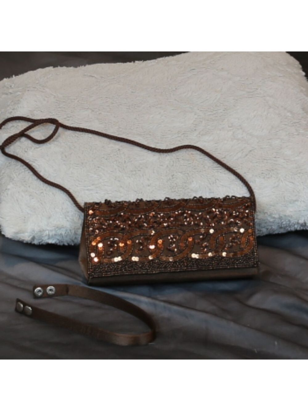 NWOT Bijou Terner brown satin, sequin, bead clutch